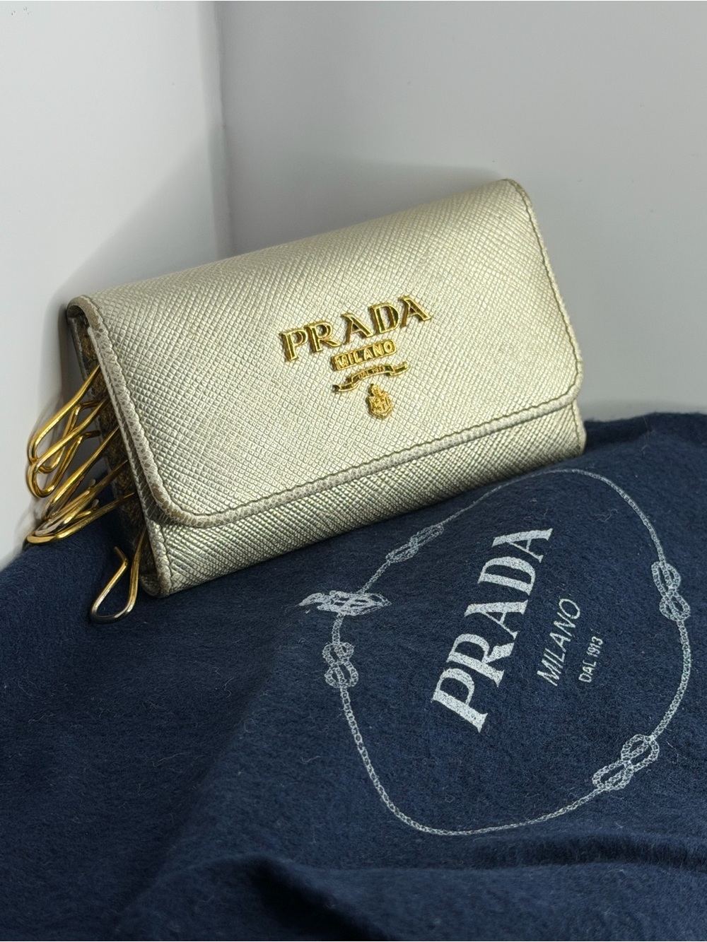 Rare Prada Metallic Silver Saffiano 6-Key Holder